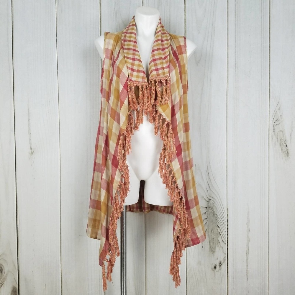 Umgee Red Gold Plaid Boho Vest XL